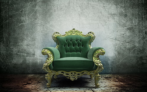 كرسي بذراعين ذهبي وأخضر ، كرسي ، غرفة ، تصميم ، جدار، خلفية HD HD wallpaper