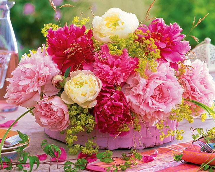 assorted-type of flowers in pink woven basket, peonies, flower, basket, table, serving, HD wallpaper