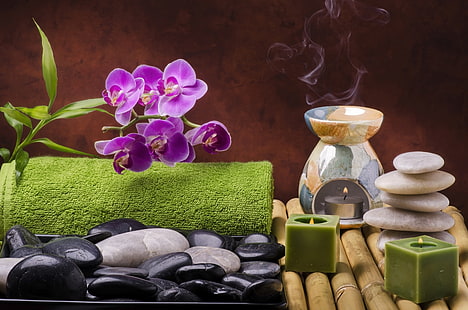 purple moth orchid, flowers, stones, candles, bamboo, relax, Orchid, Spa, still life, salt, wellness, HD wallpaper HD wallpaper