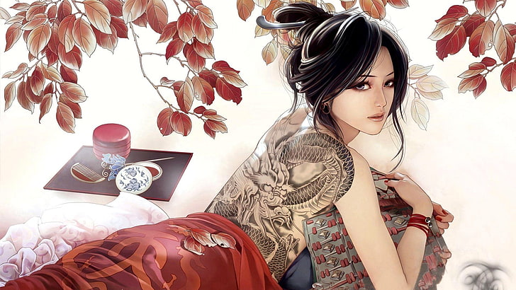 czarnowłosa postać kobiety z cyfrową tapetą tatuaż smoka z powrotem, tatuaż, Japonia, anime, dziewczyny, anime, dziewczyna fantasy, Tapety HD