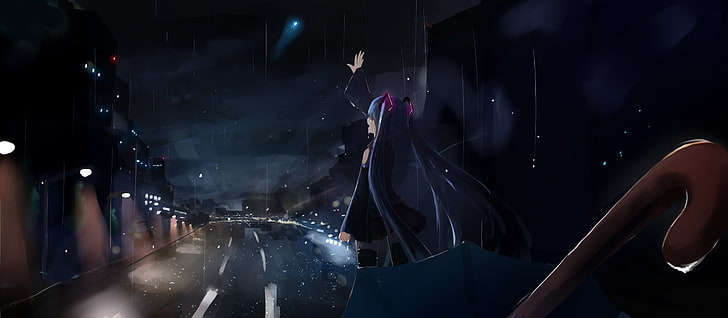 hatsune miku, crying, raining, sadness, road, vocaloid, lights, dark, Anime, HD wallpaper