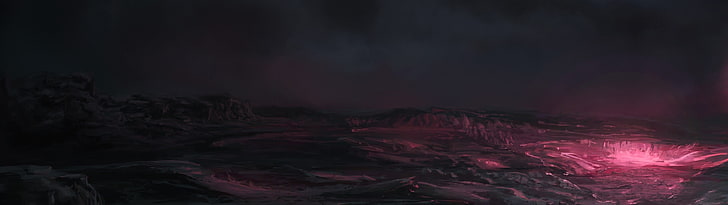 vista del paisaje con fondo de pantalla HD de lava, arte digital, paisaje, arte de fantasía, oscuro, Fondo de pantalla HD