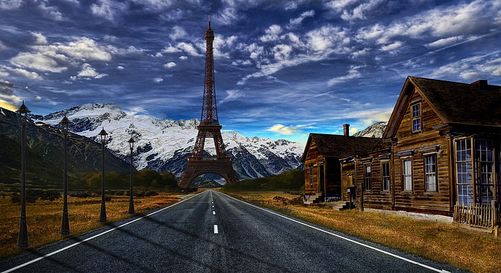 кафява Айфелова кула, пустиня, път, планини, Айфелова кула, фото манипулация, Photoshop, HD тапет
