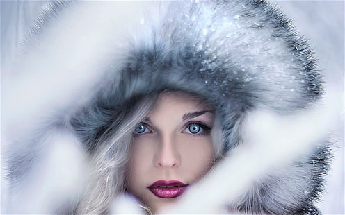 wanita, model, pirang, rambut panjang, wanita di luar ruangan, musim dingin, salju, bulu, wajah, mata biru, makeup, kedalaman bidang, mantel bulu, kerudung, Wallpaper HD HD wallpaper
