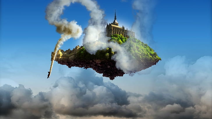 architecture, ancient, tower, clouds, floating island, smoke, plants, digital art, building, cathedral, HD wallpaper
