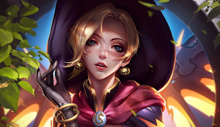 female character wallpaper, video games, Overwatch, Mercy (Overwatch), Witch Mercy, witch, freckles, Halloween, Liang-Xing, HD wallpaper