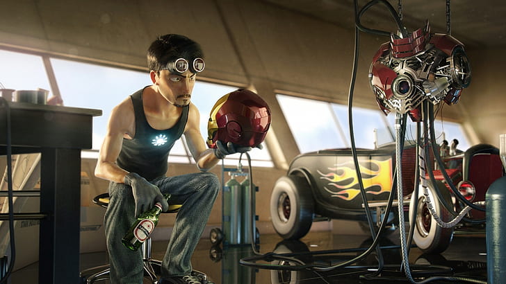 фантастика желязо човек Тони Старк анимация произведения на изкуството гаражи 3d Марвел Старк индустрии 2560x1440 wallpa Art произведения на изкуството HD Art, фантастика, Iron Man, HD тапет