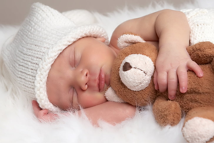 Baby Sleeping With Teddy, baby's white knit cap and brown bear plush toy, Baby, , cute little baby girl, cute, HD wallpaper