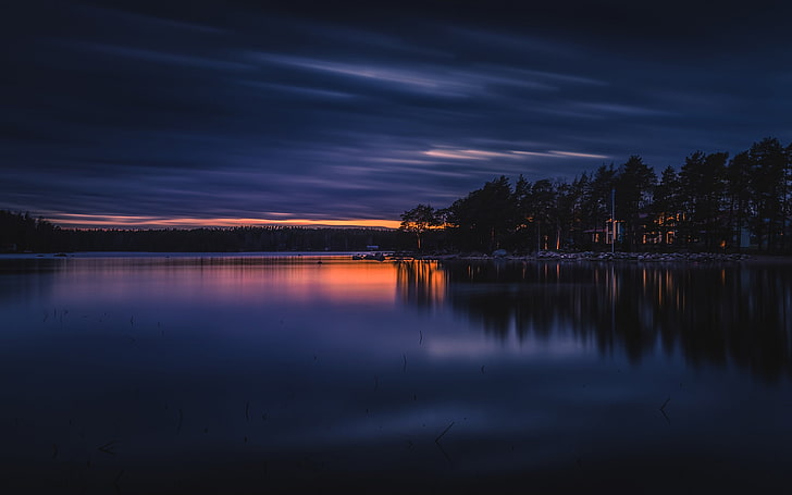 езеро, залез, облаци, дървета, пейзаж, отражение, Финландия, HD тапет