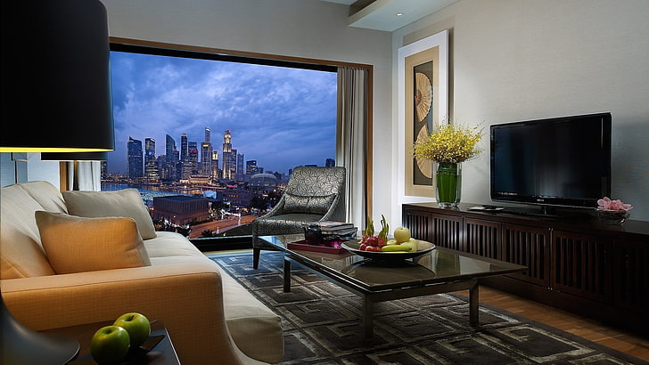 흰색 매트리스, 방, 인테리어, 창, 도시와 갈색 나무 침대 프레임, HD 배경 화면