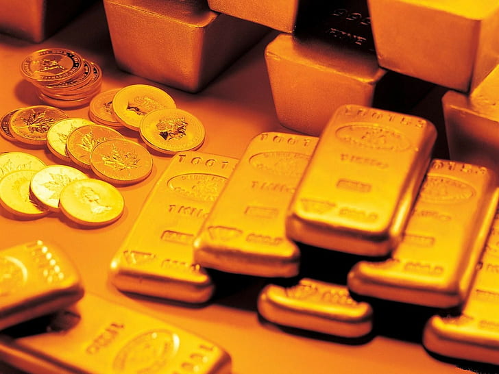 argent, or, métal, pièces de monnaie, lingot d'or, Fond d'écran HD