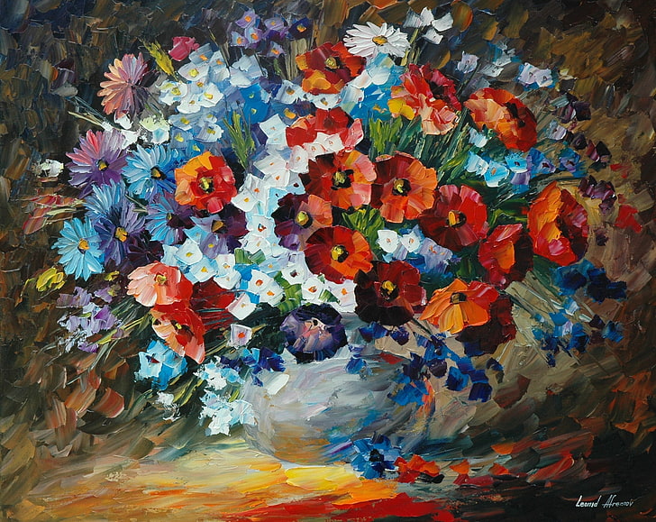 червени и сини цветя живопис, цветя, букет, венчелистчета, картини, ваза, живопис, Леонид Афремов, HD тапет