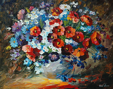 червени и сини цветя живопис, цветя, букет, венчелистчета, картини, ваза, живопис, Леонид Афремов, HD тапет HD wallpaper