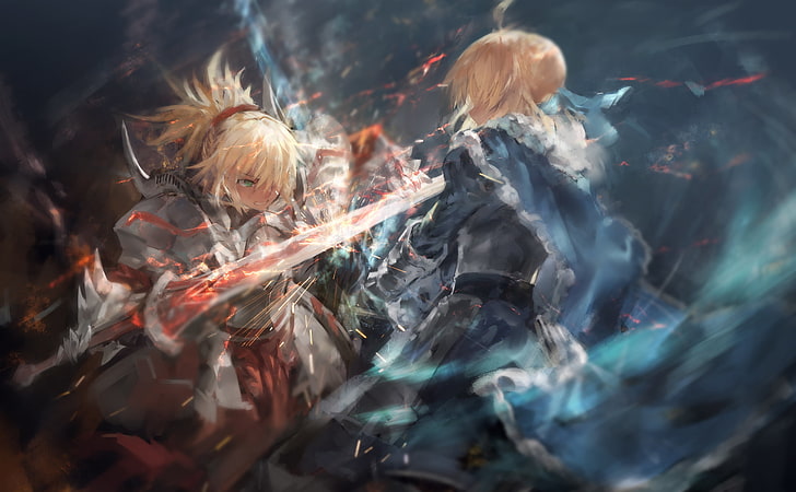 game application wallpaper, armor, blonde, cape, Fate/Grand Order, Fate Series, green  eyes,  Mordred (Fate/Apocrypha), Saber, sword, Wanted: Weapons of Fate, weapon, Fate/Stay Night, Fate/Apocrypha, HD wallpaper