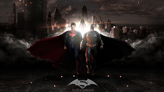 Супермен с Бэтменом и Чудо-женщиной, цифровые обои Супермен против Бэтмена, Бэтмен против Супермена: Рассвет правосудия, Бэтмен, Супермен, HD обои HD wallpaper