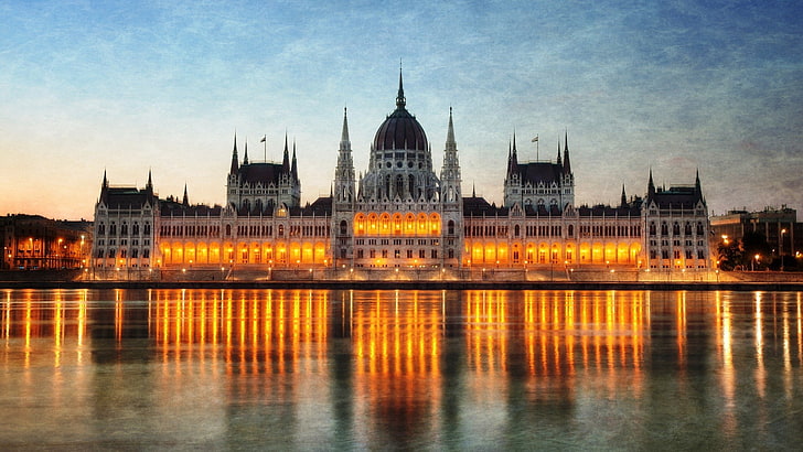 paisaje urbano, reflexión, Budapest, edificio del Parlamento húngaro, Fondo de pantalla HD