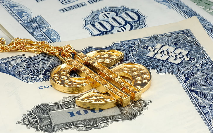 Kalung liontin dolar berwarna emas, dolar, uang, Wallpaper HD