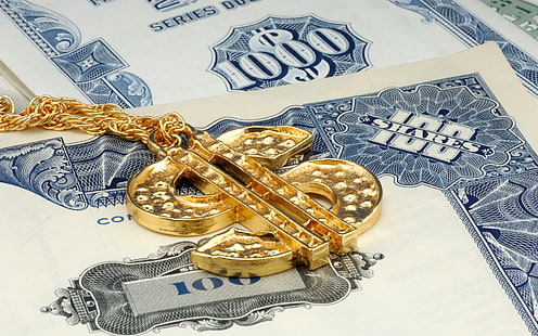 gold-colored Dollar pendant necklace, dollars, money, HD wallpaper HD wallpaper