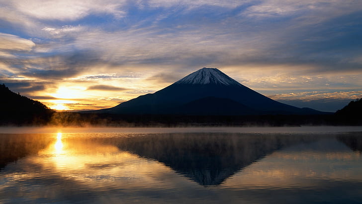 горы, пейзаж, солнечный свет, Япония, гора Фудзи, отражение, вода, небо, природа, HD обои