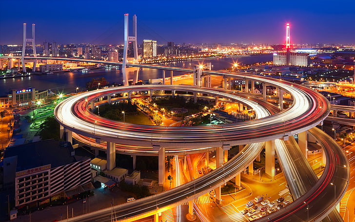 route bétonnée grise, nuit, pont, la ville, lumières, le soir, extrait, Chine, Shanghai, pont de Nanpu, Fond d'écran HD