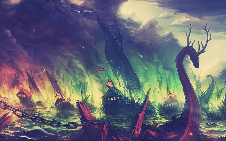 Blackwater, barco, colorido, otoño, arte de fantasía, fuego, juego de tronos, paisaje, montaña, Fondo de pantalla HD
