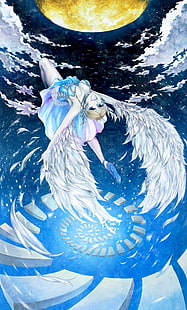 angel, blonde, blue, cloud, girl, hair, happy, short, sky, sun, wings, HD wallpaper HD wallpaper