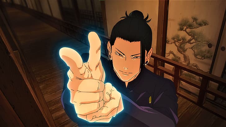 Jujutsu Kaisen, Suguru Geto, hands, Bun, uniform, earring, anime, Anime screenshot, 애니메이션 소년들, HD 배경 화면