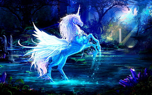 jednorożec, wodne tła, las, noc, magia, Pobierz 3840x2400 Unicorn, Tapety HD HD wallpaper
