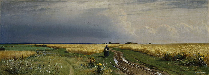 pessoa que está na pintura do campo de grama, estrada, campo, flores, pássaros, nuvens, grama, Shishkin, 1866, A estrada no centeio, HD papel de parede