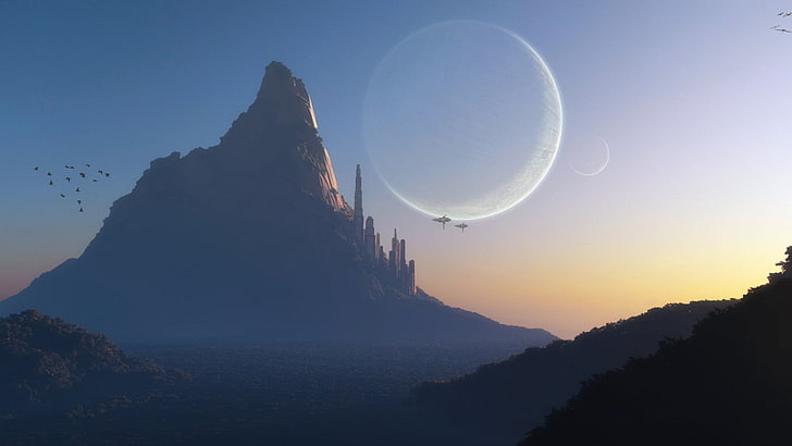 mountain illustration, fantasy art, planet, science fiction, HD wallpaper