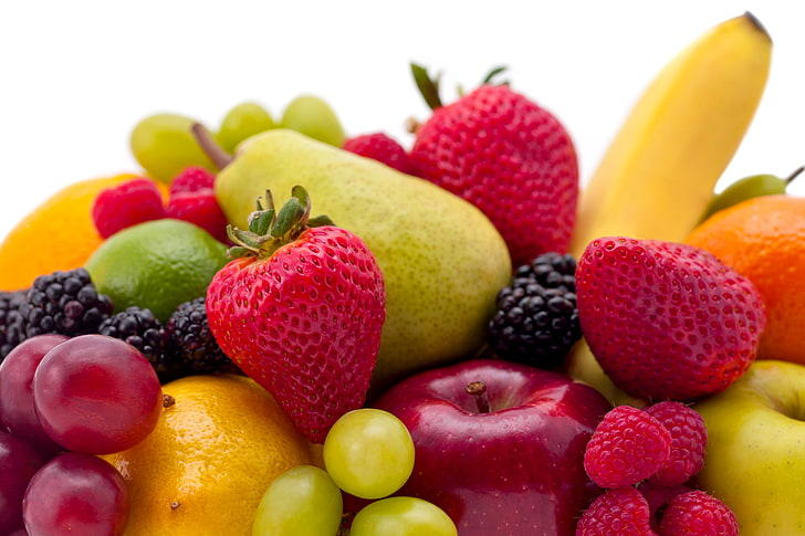 плодове, малина, ябълка, ягода, грозде, круша, плодове, банан, HD тапет