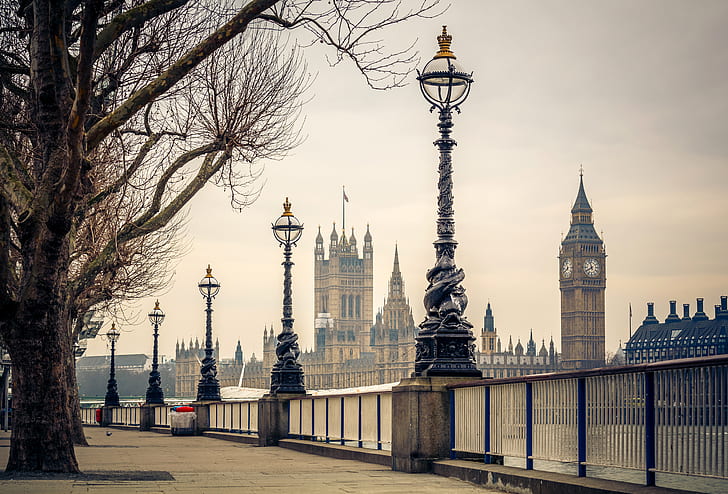 Дворцы, Вестминстерский дворец, Биг Бен, Фонарный столб, Лондон, Памятник, Великобритания, HD обои