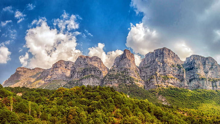 중앙 Zagori Vikos 협곡 Vikos Aoos 국립 공원 여름 풍경 사진 Hd 벽지 1920 × 1080의 아스트라 카 산 팀피와 파 핑고 마을의 타워, HD 배경 화면