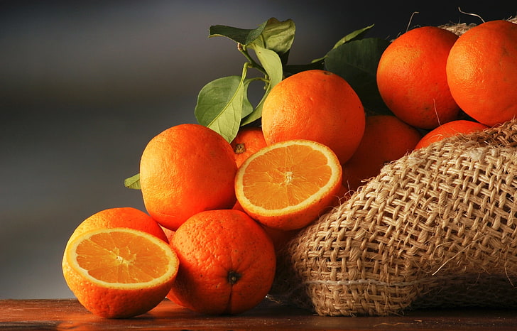 tangerine lot, leaves, oranges, fruit, bag, citrus, HD wallpaper