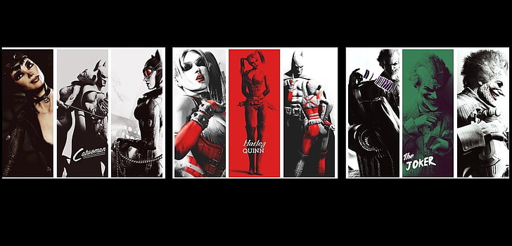 Ilustración de personajes de DC, Batman, Joker, Batman: Arkham City, videojuegos, Rocksteady Studios, The Riddler, Harley Quinn, Catwoman, collage, Fondo de pantalla HD