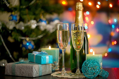 green champagne bottle and two drinking glasses, winter, decoration, lights, holiday, tree, candles, Christmas, Cup, gifts, champagne, Happy New Year, balls, Merry Christmas, glasses, Christmas tree, ornaments, HD wallpaper HD wallpaper
