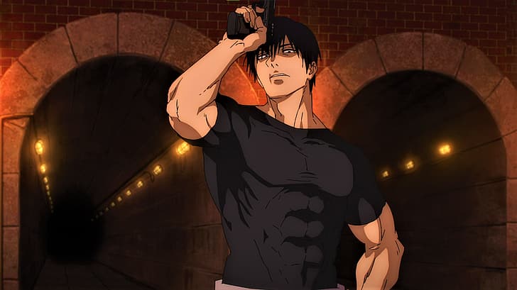 Jujutsu Kaisen, Fushiguro Toji, muscoli, cicatrici, pistola, anime, screenshot dell'anime, ragazzi anime, Sfondo HD