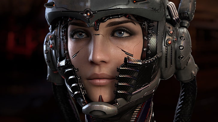 mulher usando capacete preto personagem 3D cyberpunk cyborg capacete, HD papel de parede