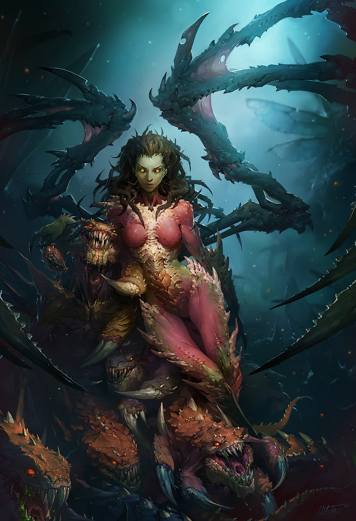 Illustrazione di donna mostro dai capelli neri, StarCraft, Queen of Blades, StarCraft II: Heart Of The Swarm, Sarah Kerrigan, Zerg, Starcraft II, Sfondo HD, sfondo telefono
