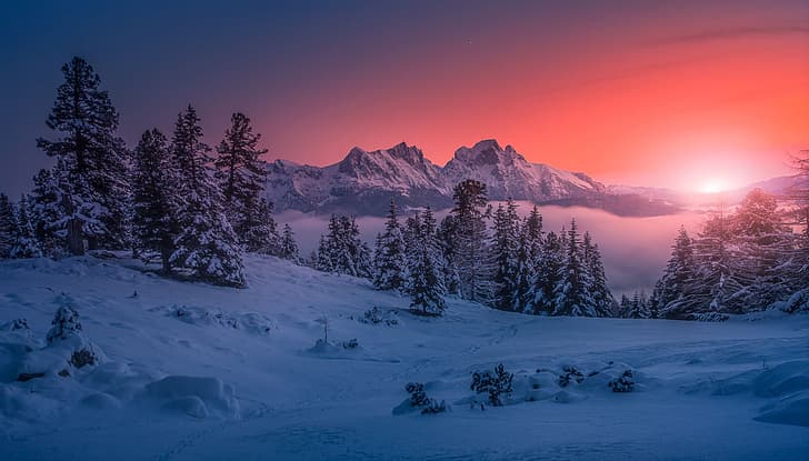 winter, snow, trees, sunset, mountains, Austria, ate, Alps, Styria, The hohentauern, Hohe Tauern, HD wallpaper