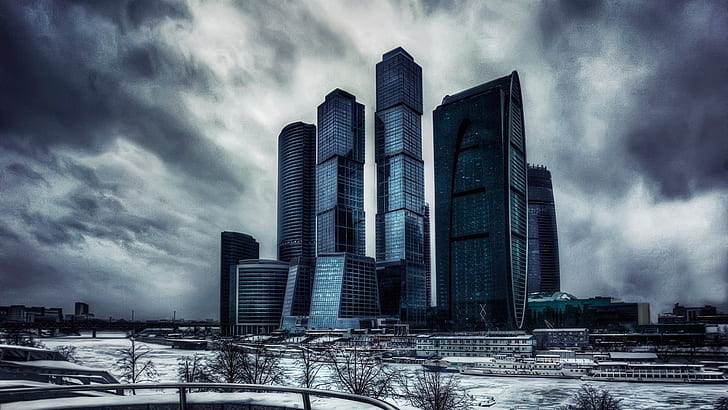 超高層ビル、都市景観、大都市、モスクワ国際ビジネスセンター、建物、タワーブロック、スカイライン、都市、曇り、首都圏、モスクワ、presnensky地区、ロシア、塔、 HDデスクトップの壁紙