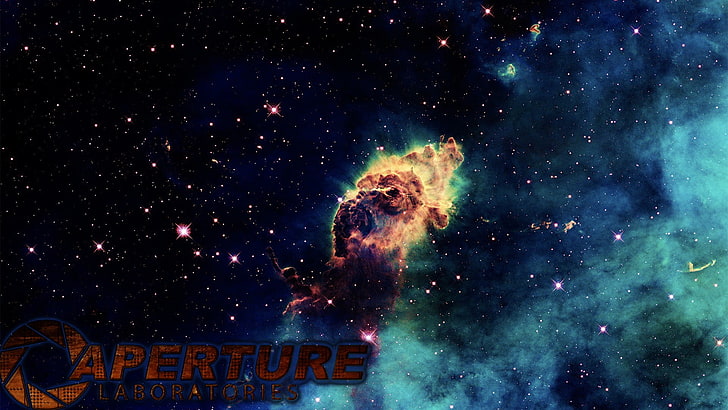 Aperture Laboratories, aperture, Portal (game), Portal 2, space, video games, gamers, blue, black, orange, HD wallpaper