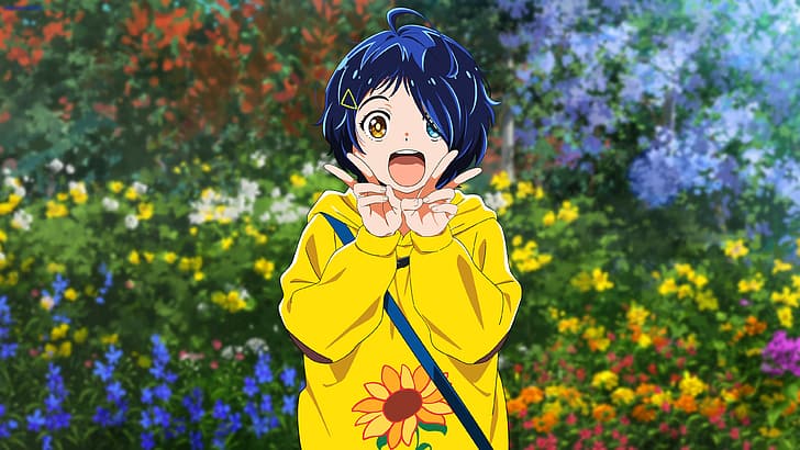 Ai Ooto, wonder egg priority, flowers, sunflowers, blue hair, anime girls, HD wallpaper