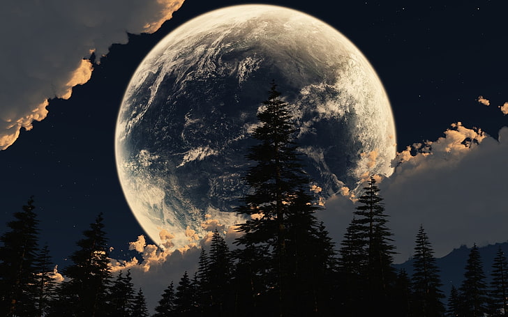 sfondo luna, cielo, stelle, nuvole, terra, collage, luna, pianeta, Sfondo HD