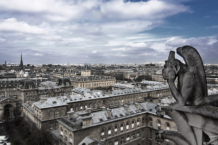 gargoyle beton abu-abu, awan, rumah, Paris, Bunda Maria, Francia, Wallpaper HD