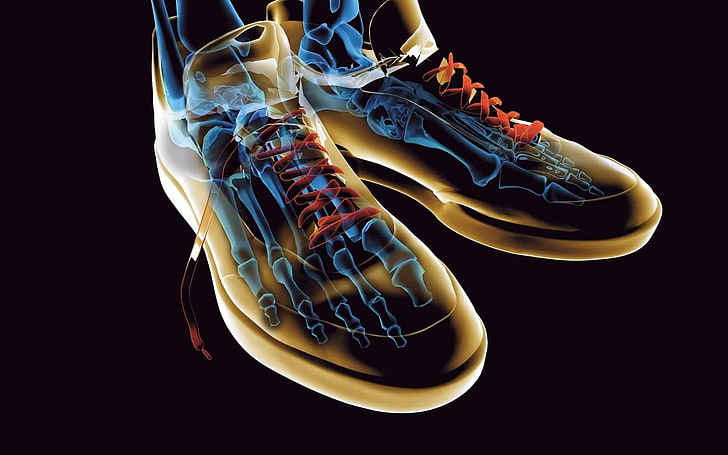 pair of brown low-top sneakers artwork, simple background, digital art, black background, shoes, feet, bones, x-rays, sneakers, lace, brown, HD wallpaper