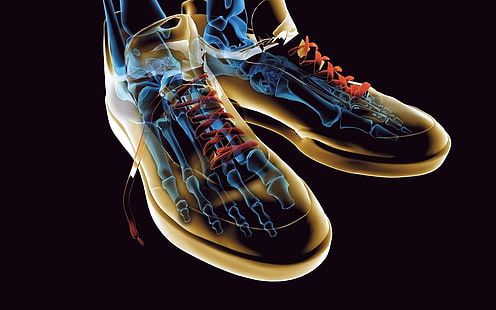 pair of brown low-top sneakers artwork, simple background, digital art, black background, shoes, feet, bones, x-rays, sneakers, lace, brown, HD wallpaper HD wallpaper