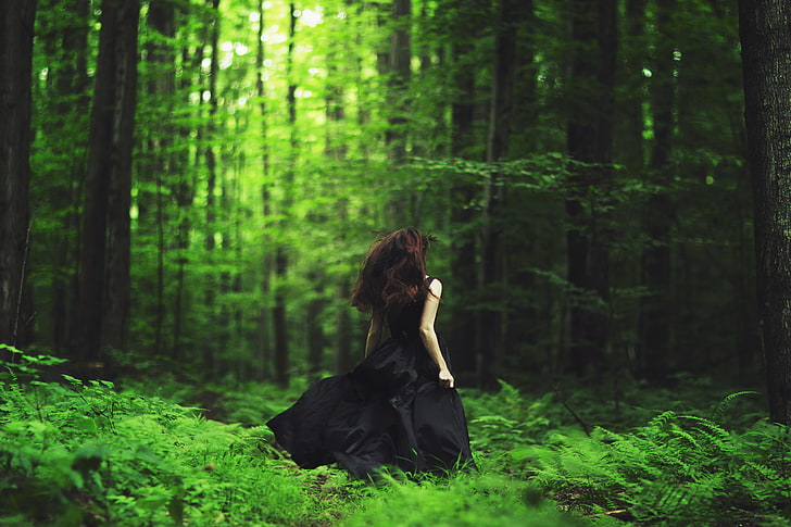 women's black tank dress, forest, girl, runs, HD wallpaper