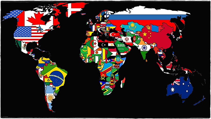 carte du monde avec des drapeaux sur son pays illustration, carte, monde, drapeau, nations, carte du monde, Fond d'écran HD