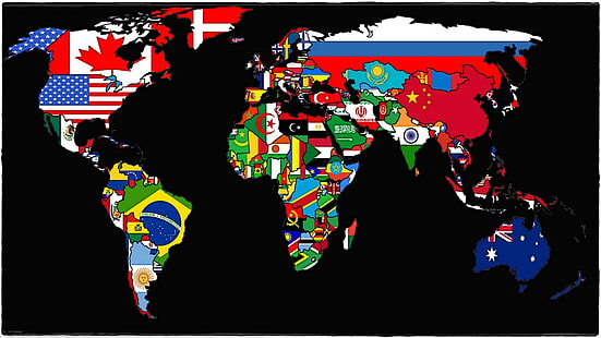 world map with flags on its country illustration, map, world, flag, nations, world map, HD wallpaper HD wallpaper